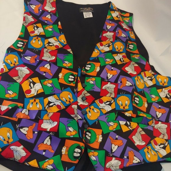 Vintage Looney Tunes Mens XL Silk Vest Mania Cartoon Print Daffy Bugs Retro - Picture 4 of 5